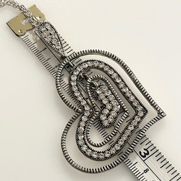 Rhinestone Layered Silver Tone Stacking Hearts Pendant Necklace - Picture 9 of 16